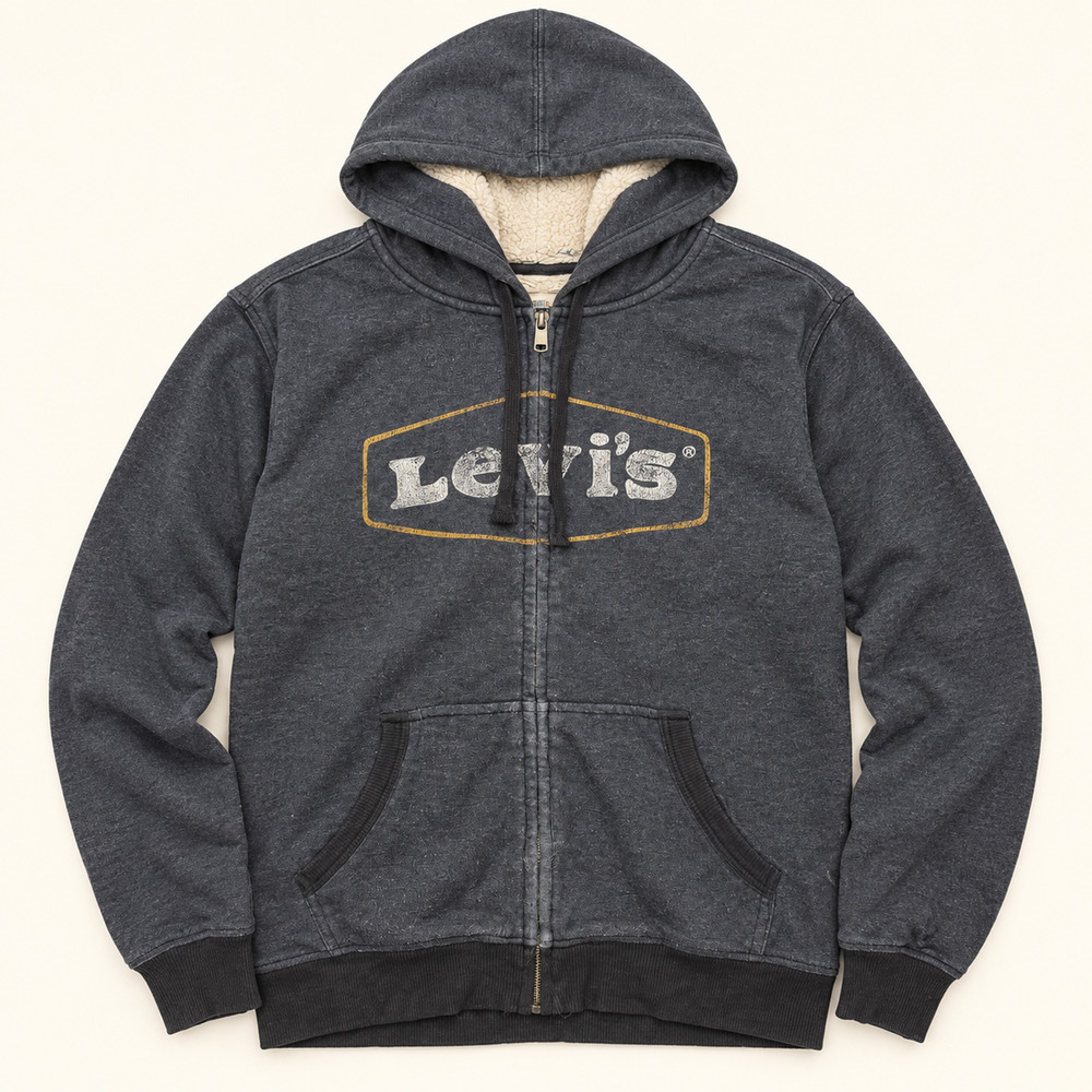 Levi's Sherpa Lined Full Zip Hoodie Distressed Logo Gray Medium